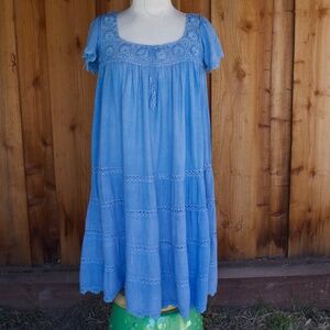 Vintage 70's Boho Handmade 100% Cotton Knit/Crochet Blue Midi Tiered Dress